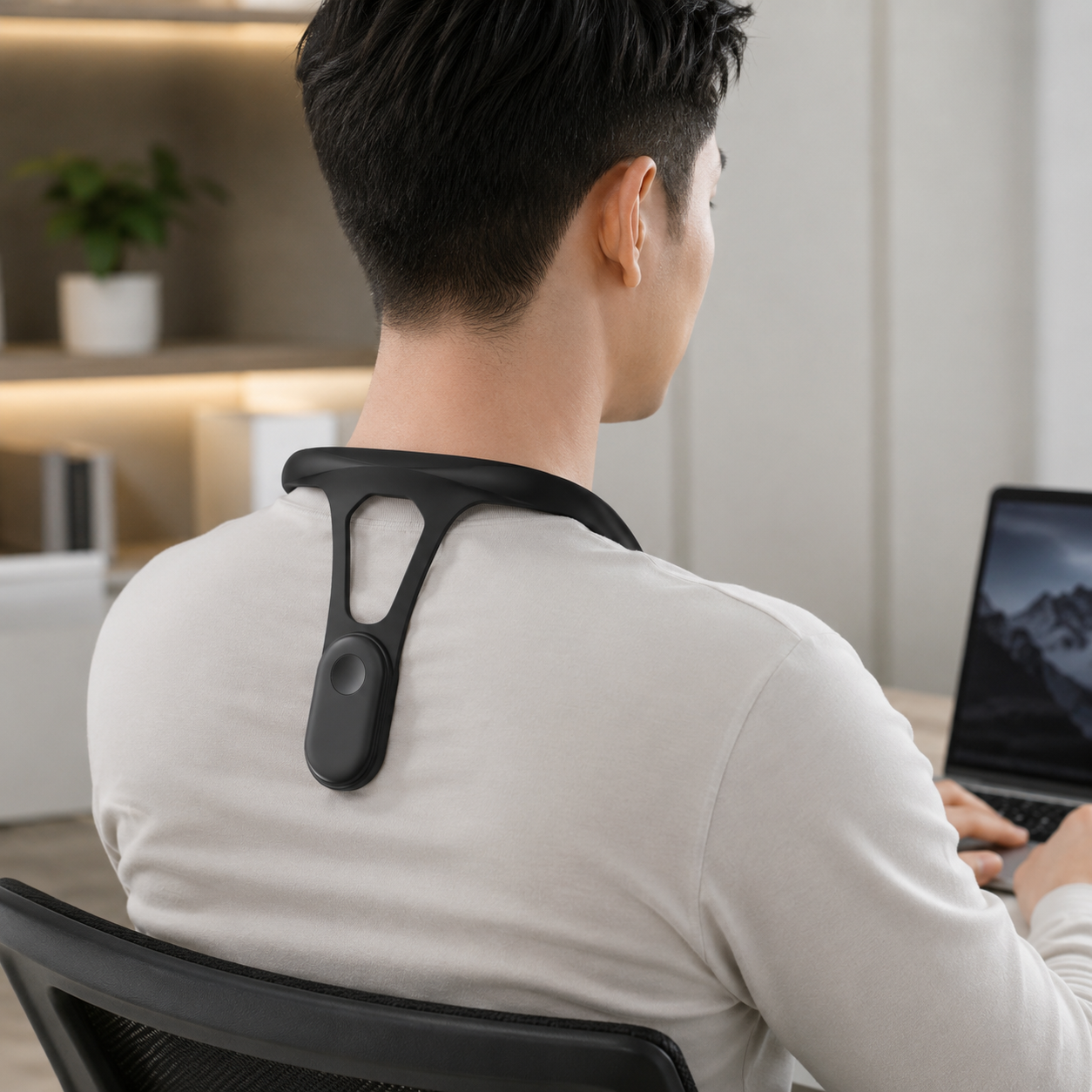 Man at a desk wearing the black AlignPulse trainer across the back of the neck