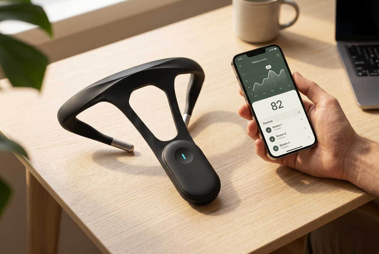 Hands holding a phone showing a posture-tracking graph trending upward