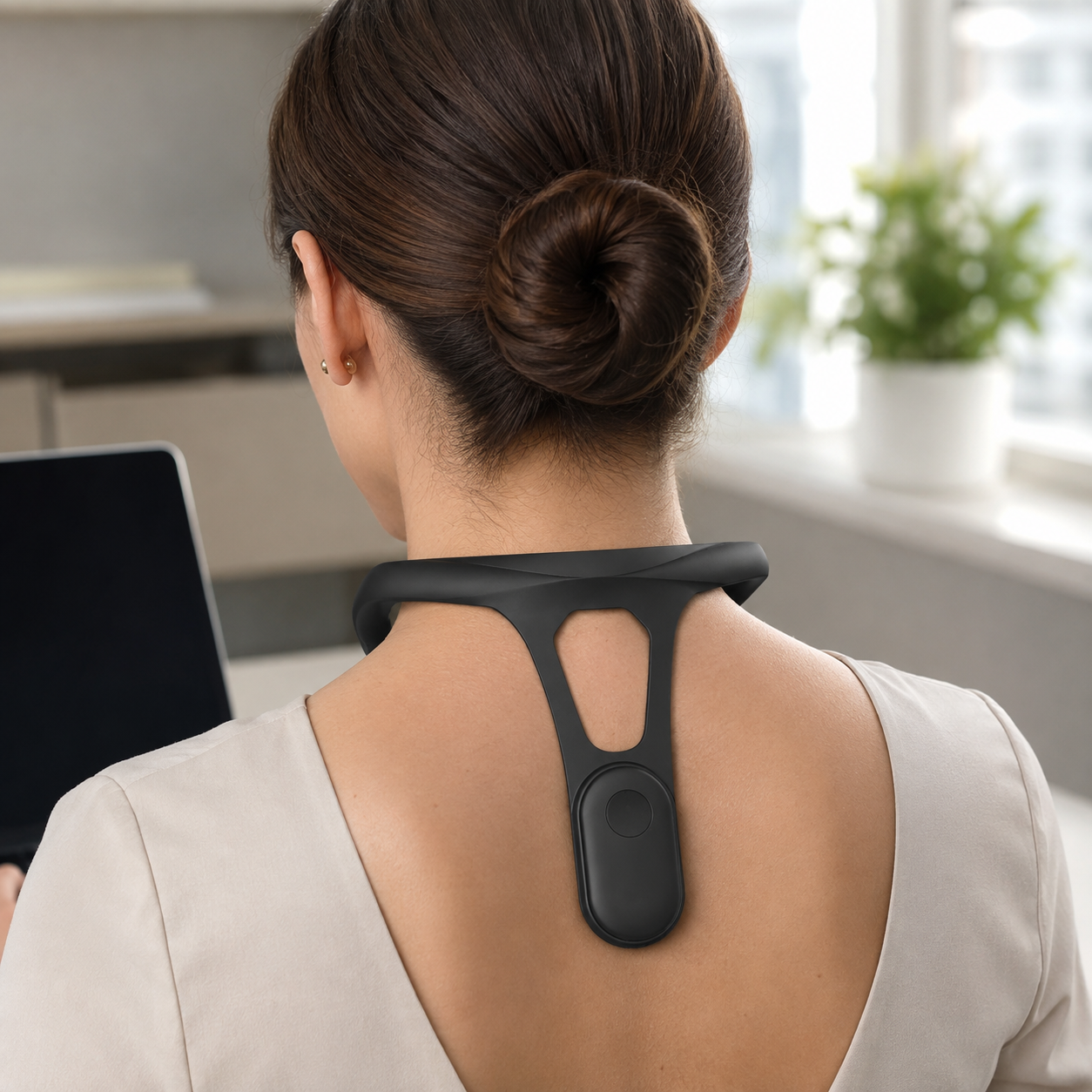 Close view from behind of the AlignPulse trainer sitting at the base of the neck while working at a laptop
