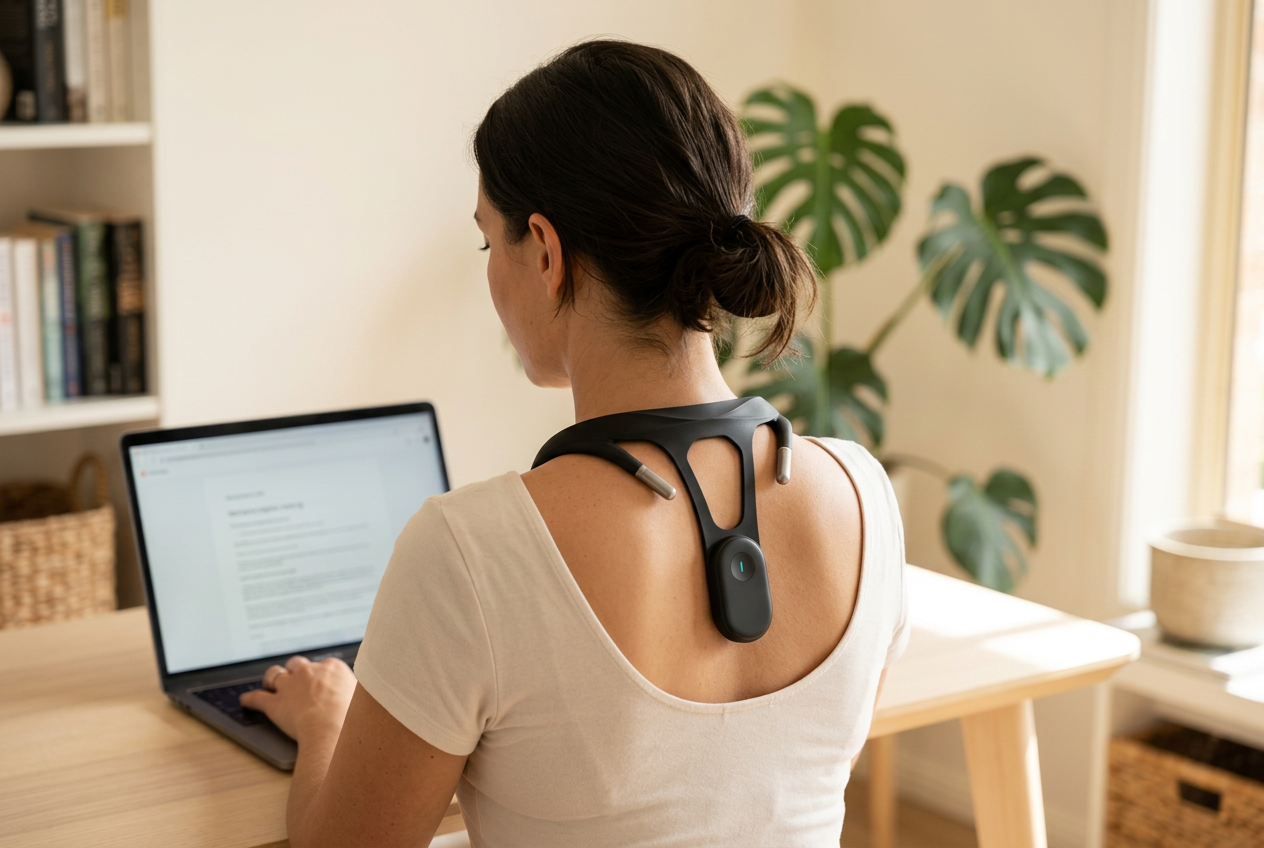 Woman sitting upright at a home-office desk wearing the black AlignPulse trainer