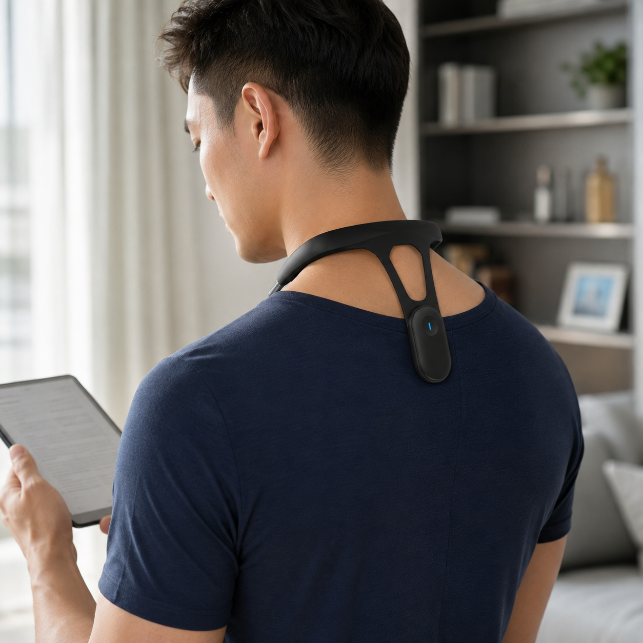 Man reading a tablet at home wearing the black AlignPulse trainer