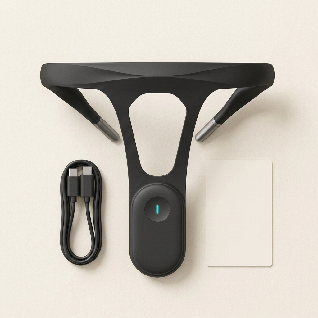 Flat-lay of the AlignPulse trainer with a USB-C cable and a printed guide